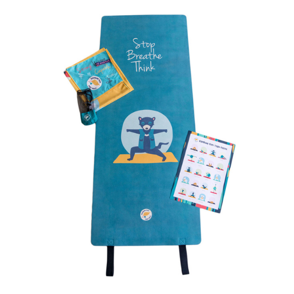 Luxe yoga mat for kid with Tasmanian Devil, a yoga poster and yoga towel